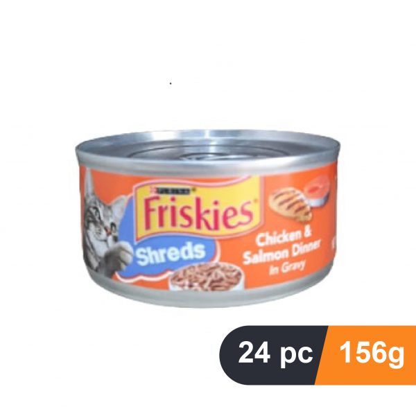 purina friskies shreds with chicken & salmon dinner in gravy